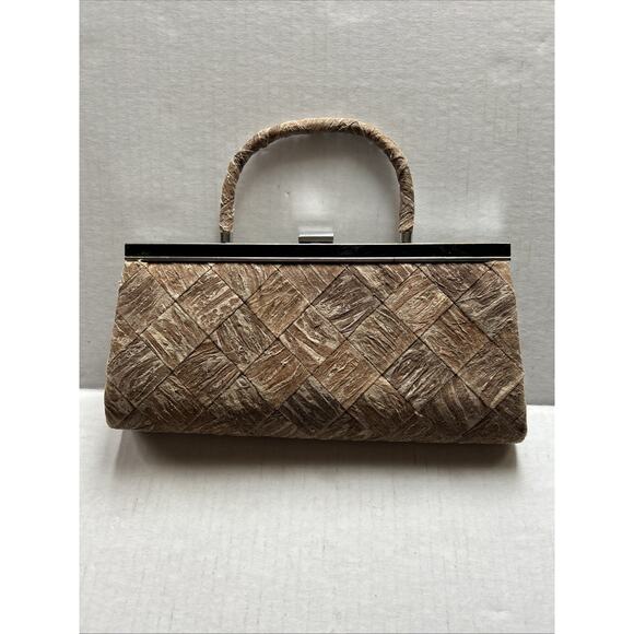 Vintage Metal Framed Clutch Brushed Earth Tone Material Yellow Velvet Lined 1950 - Picture 4 of 9